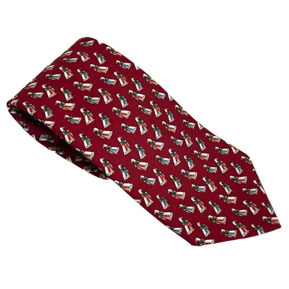 Brooks Brothers Makers Men's Mens 100% Silk Tie Christmas Geese Ducks Red White